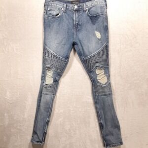 PACSUN Mens Comfort Stretch Stacked Skinny Moto Jeans Sz.32x30/Blue-Distressed